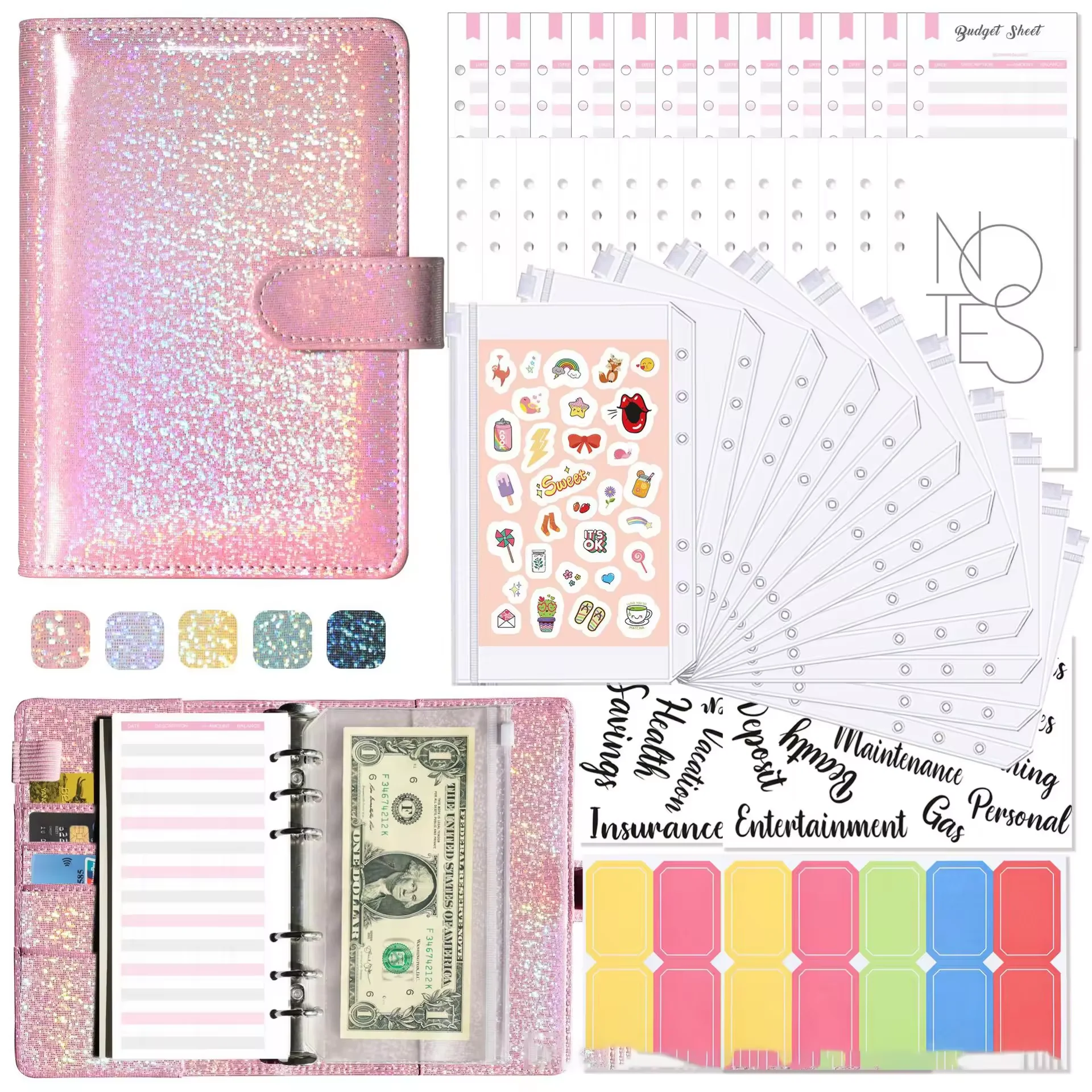New Custom Money Stuffing Book Cash Executive Diaries Planner Loose-leaf A6 Agenda Budget Binder With Zipper Envelopes