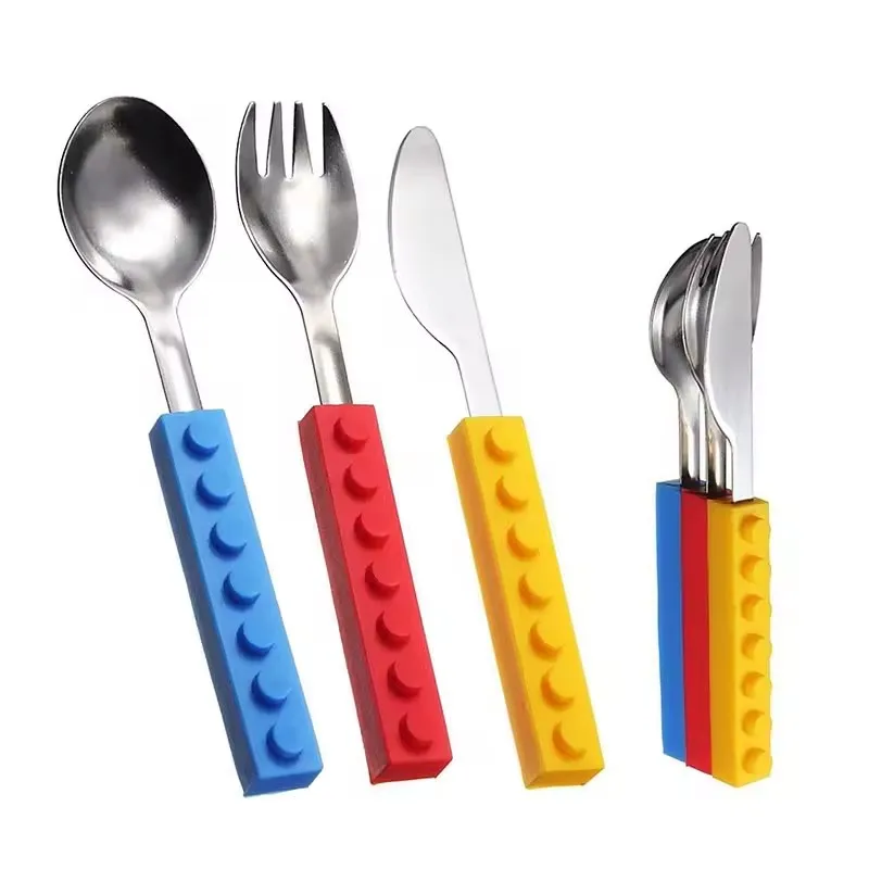 Children Day Gift Building Block Cutlery Set Kids Toddler Spoon And Fork Set With Silicone Handle