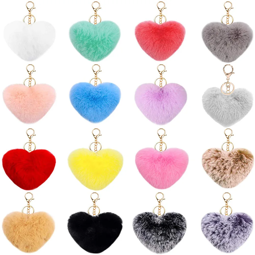 10cm Fluffy Heart Shaped Pompom Keychain Fur Ball Mini furry keychain Pom Pom Fur Ball