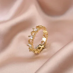 Stainless Steel Real 18K Gold Plated Zircon Heart Adjustable Ring Hollow Heart Open Finger Rings