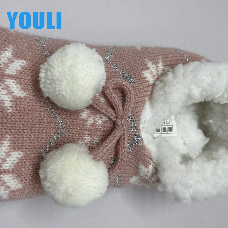 Зимние женские толстые домашние туфли, бархатные плюшевые кашемировые Рождественские снежинки, домашние тапочки с люрексом и бантом, теплые носки для пола