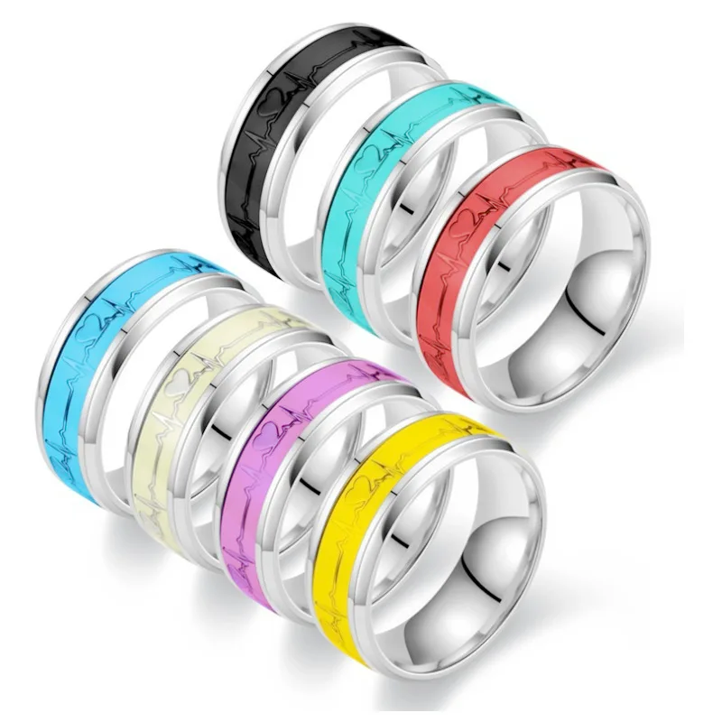 Personality Titanium Steel Rings for Men Women Fluorescence Electrocardiogram Couple Ring Jewelry