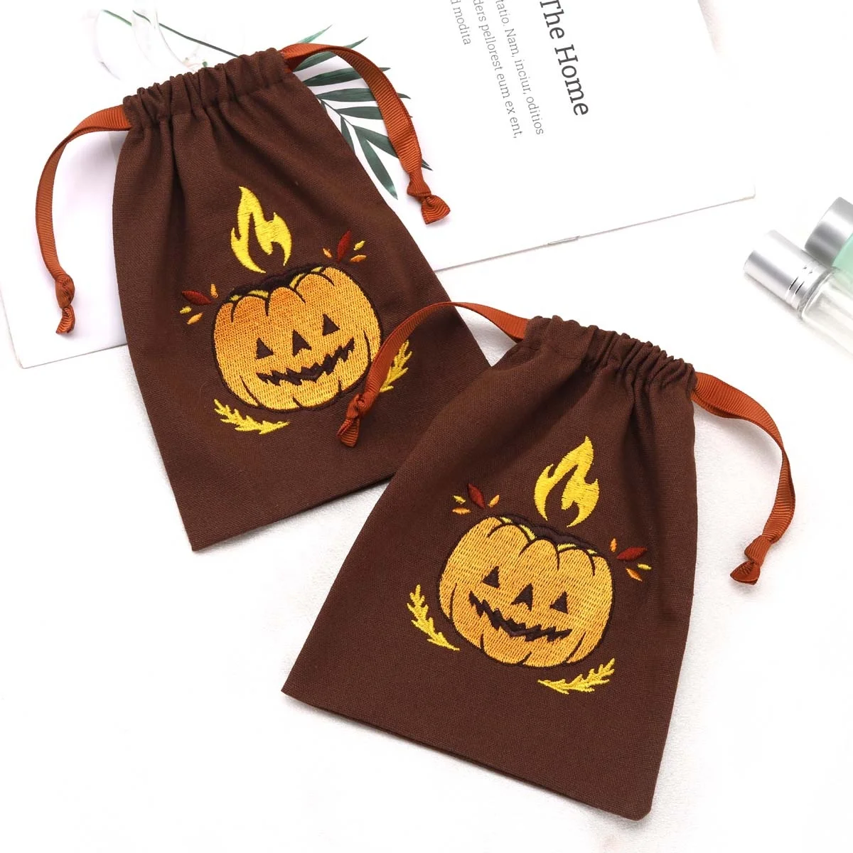 Custom Embroidery Halloween Candy Packing Cotton Linen Pouch Drawstring Cotton Gift Bag With Ribbon