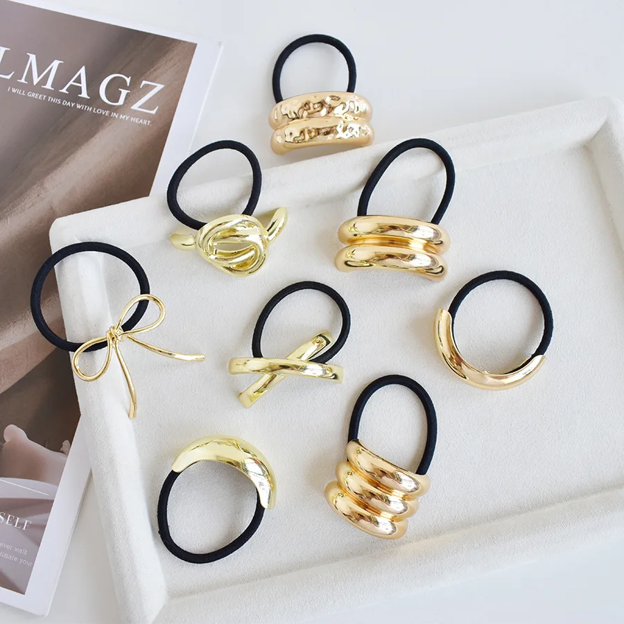 Hair Tie ponytails Bracelet knocker ball Bow Elastic Gold Metal hair ties For Women
