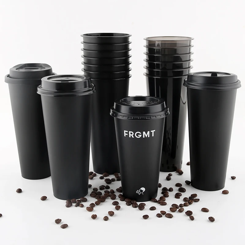 Custom Printed logo Coffee Boba Cups Vasos Plastic Para Personalizacion Black Unique Cup with Handle Lid and Straw