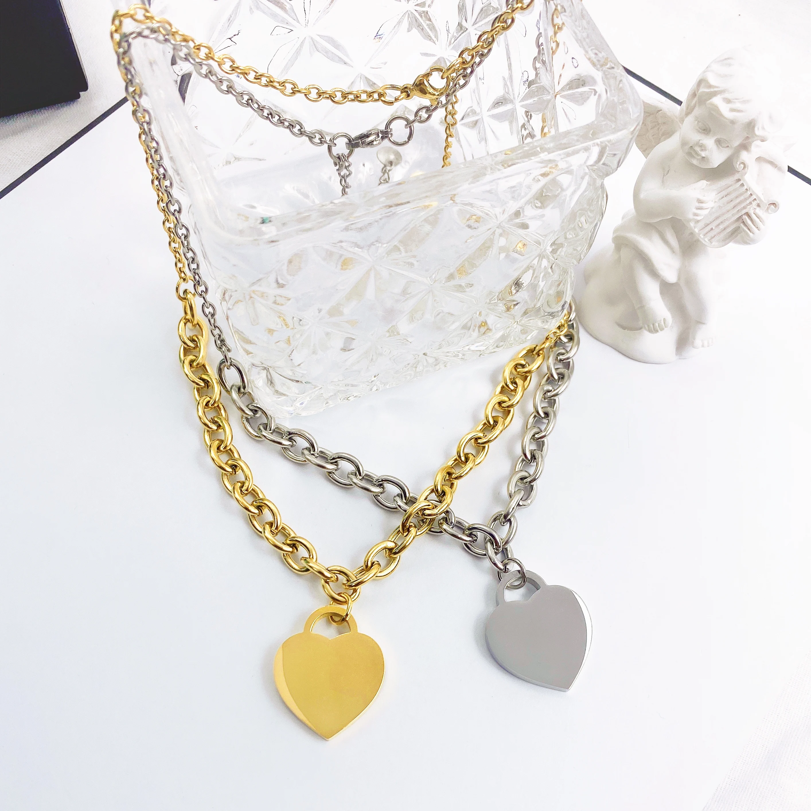 Surgical Steel Heart Pendant Necklace Lady Long Compound Chain Layer 18K Gold Necklace Jewelry Gift