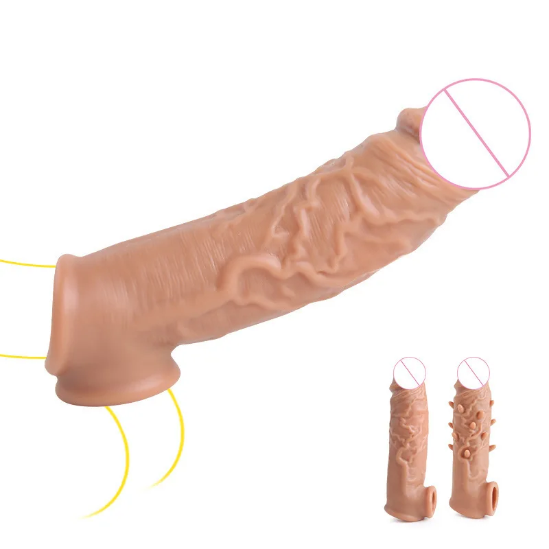 Wholesale Lengthen and Thicken Lock Sperm Ring Reusable Dildo Penile Sleeve Extender Thick TPE Condom Washable for Men