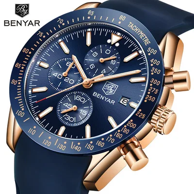 BENYAR Men Watches Brand Luxury Silicone Strap Waterproof Sport Quartz Chronograph 2023 Watch Men Clock