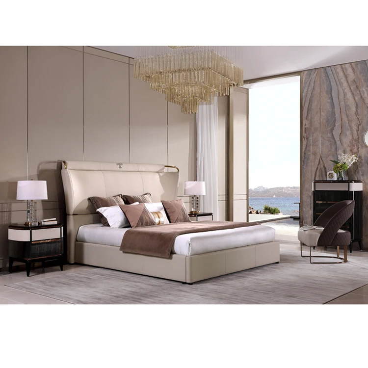 Shenzhen Furniture wooden fan-shaped backrest king size bed leather double bed design furniture