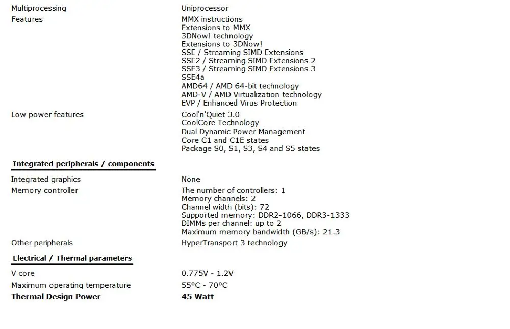AMD Athlon II X4 605E 2.3GHz Quad-Core CPU Processor 45W AD605EHDK42GI Socket AM3