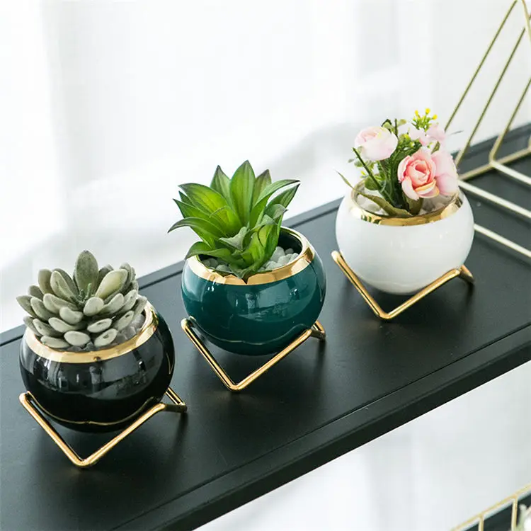 Wholesale Cactus Succulents Flower Pot Ceramic Mini Succulent Planter Pots With Metal Stand