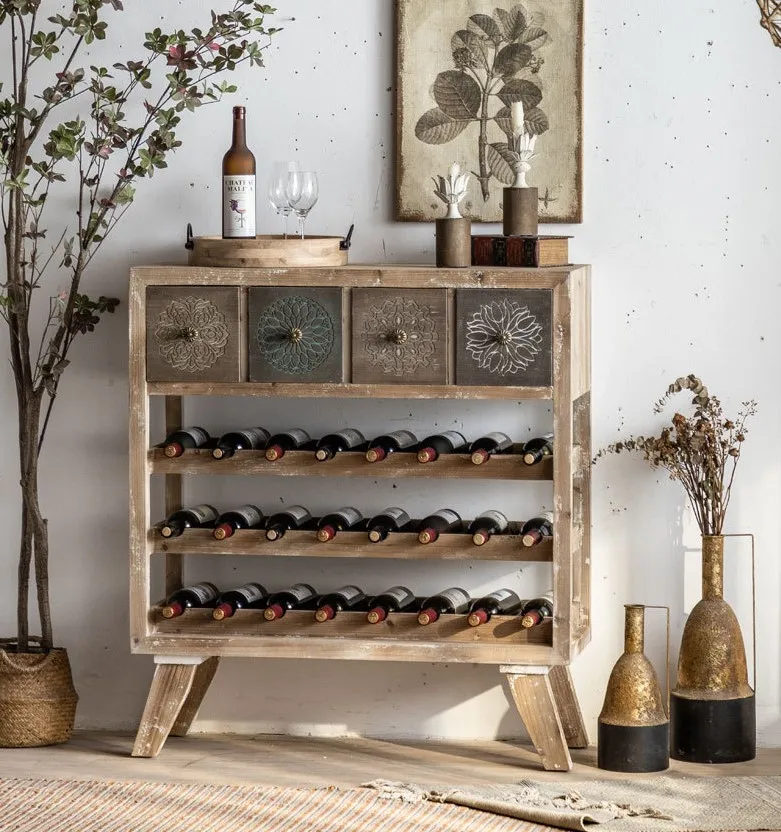 Vintage red wine rack Solid wood porch Floor to floor wine display rack Industrial style bar storage rack