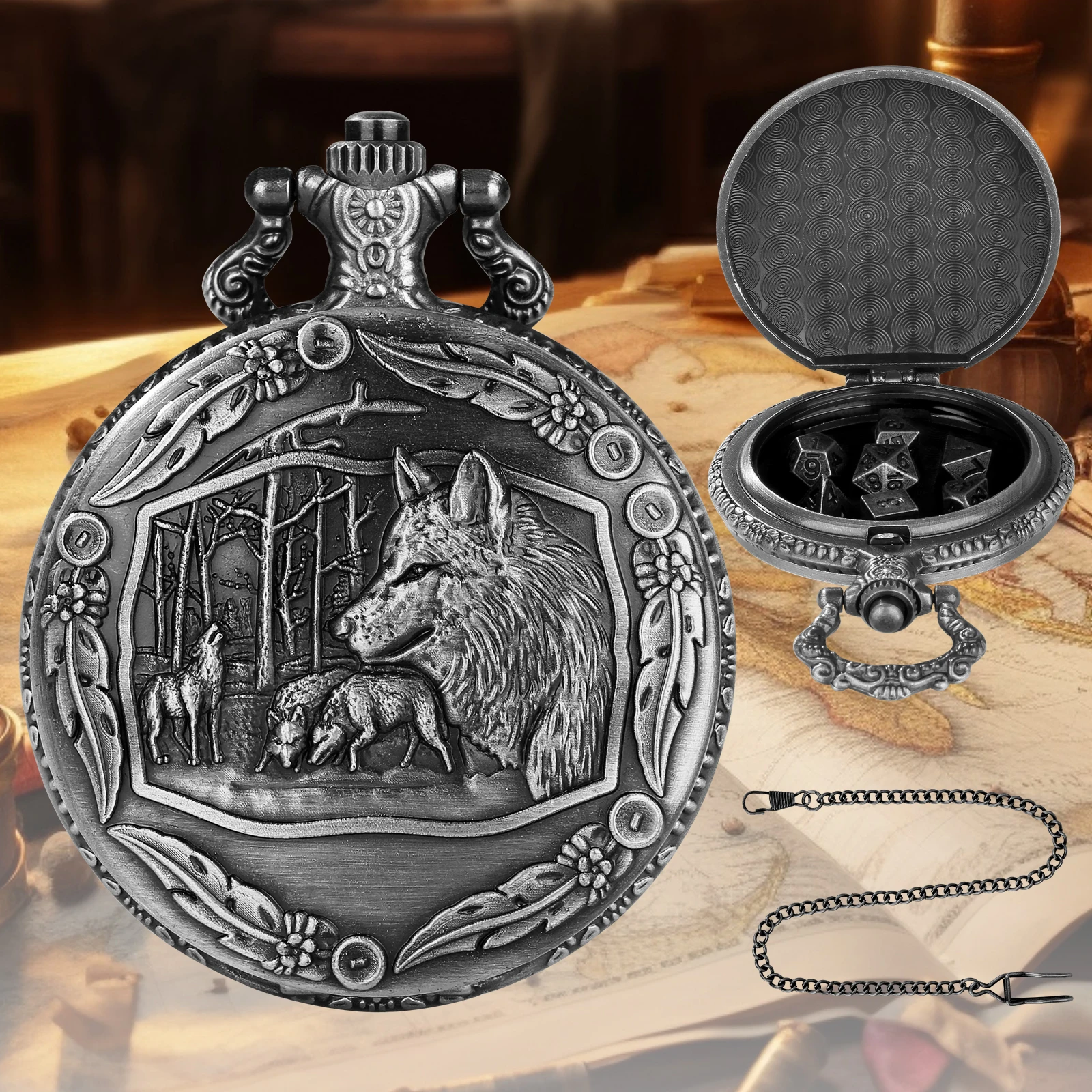 Dnd Dungeons & Dragons Mini Board Game Cosplay Dice Metal Dice Set Dnd With Wolf Design Bronze Pocket Watch Case
