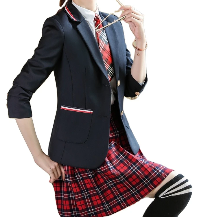 custom Japanese style school suit pleated short skirt white shirt and tuxedo jacket four piece set for girl