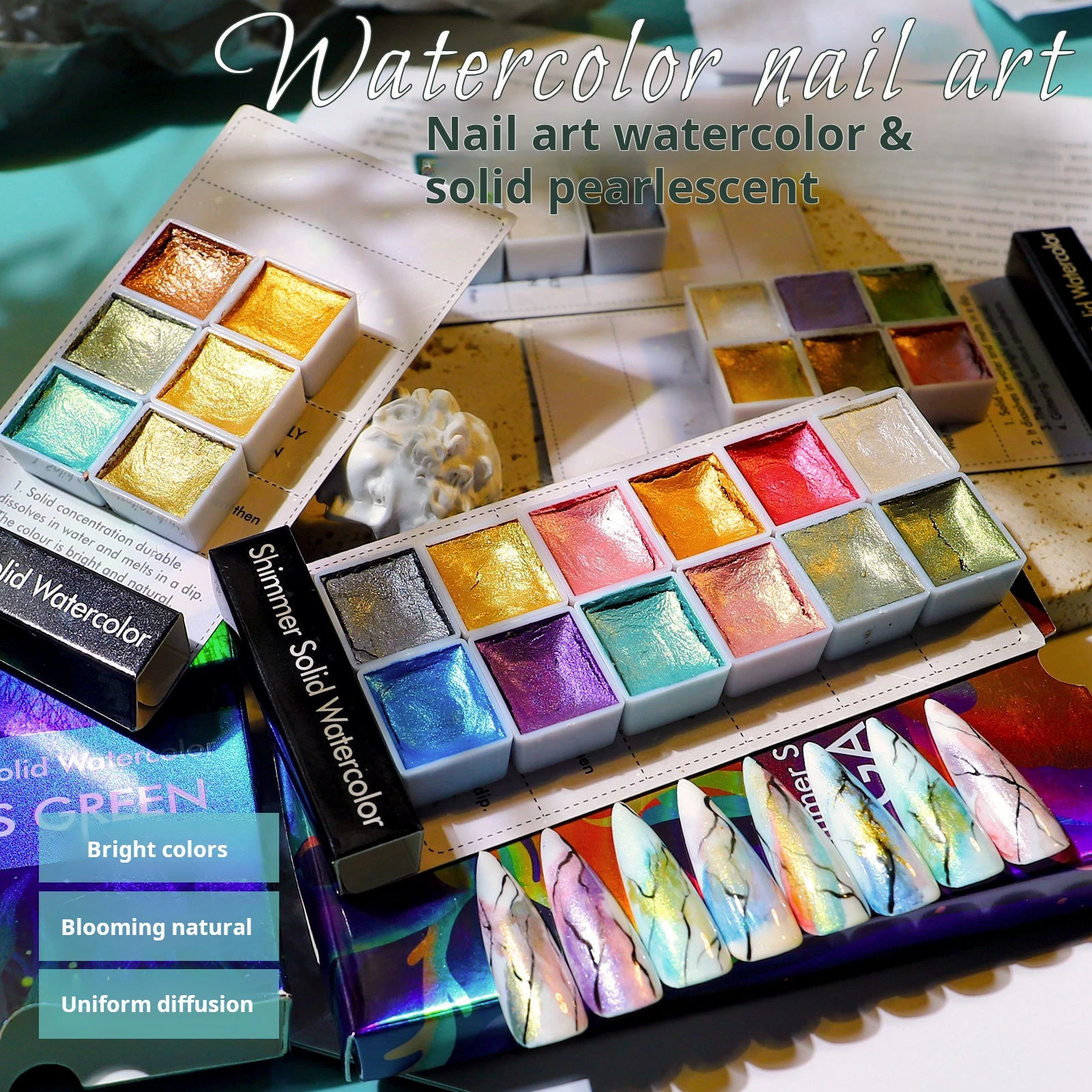 New 12 Colors Solid Watercolor Paint Shimmer Flash Retro  Metal Macaron Candy Colours Set for Art Painting Nail Design