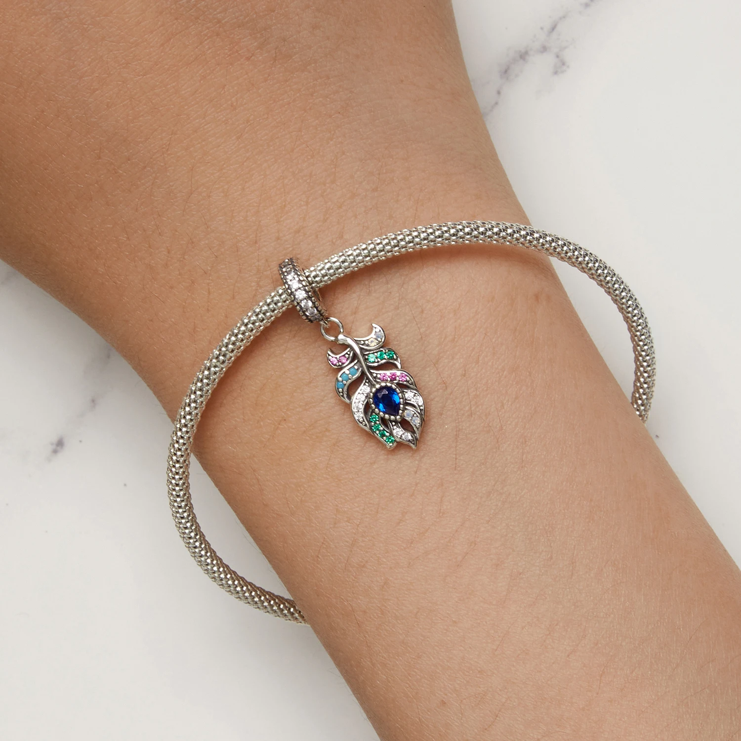 Colorful zircon peacock feather diy bracelet necklace pendant retro turquoise opal s925 silver beads