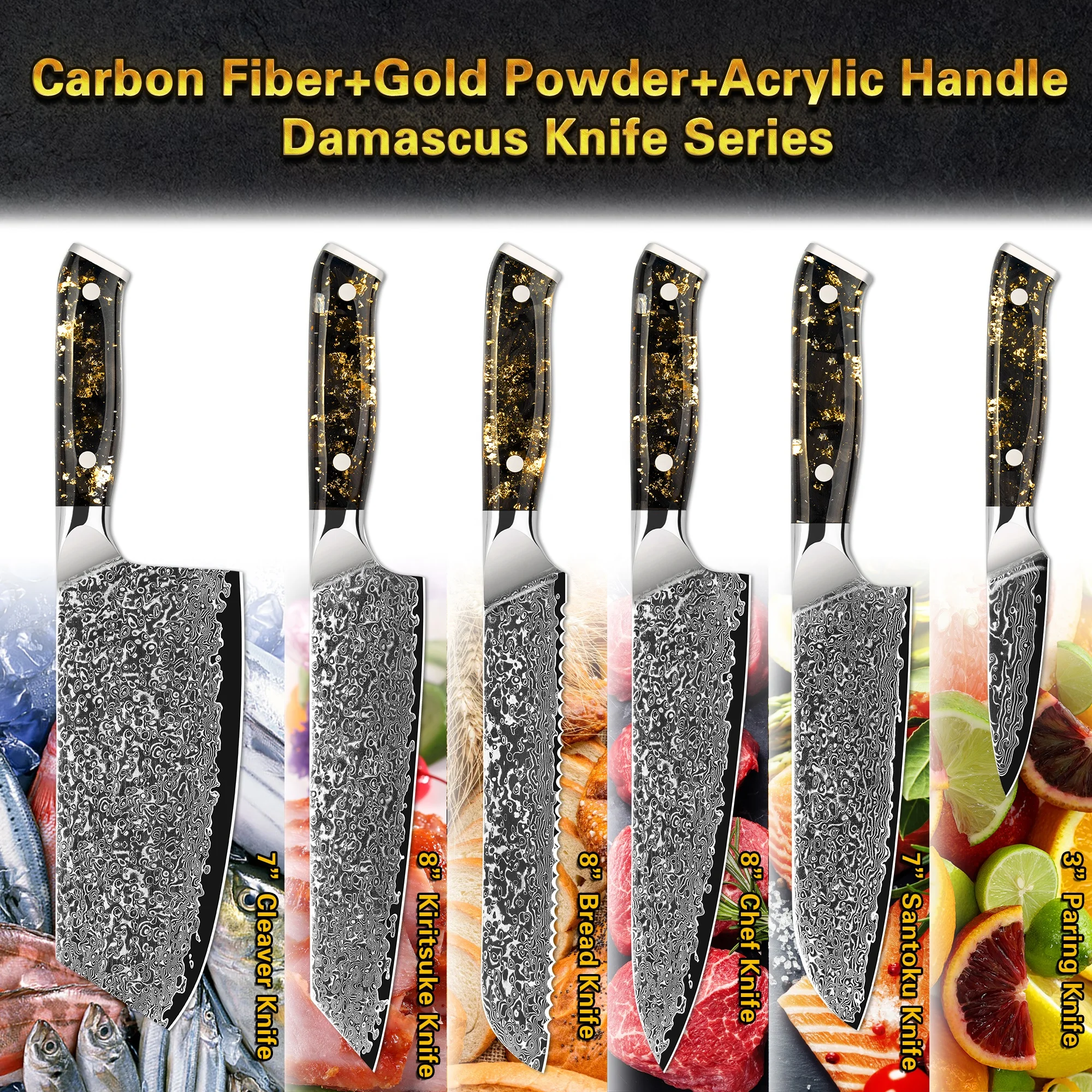 10% off Custom Logo 67 layers vg10 8 Inch Damascus customised bread knife with Carbon Fiber Gold Powder Acrylic Handle