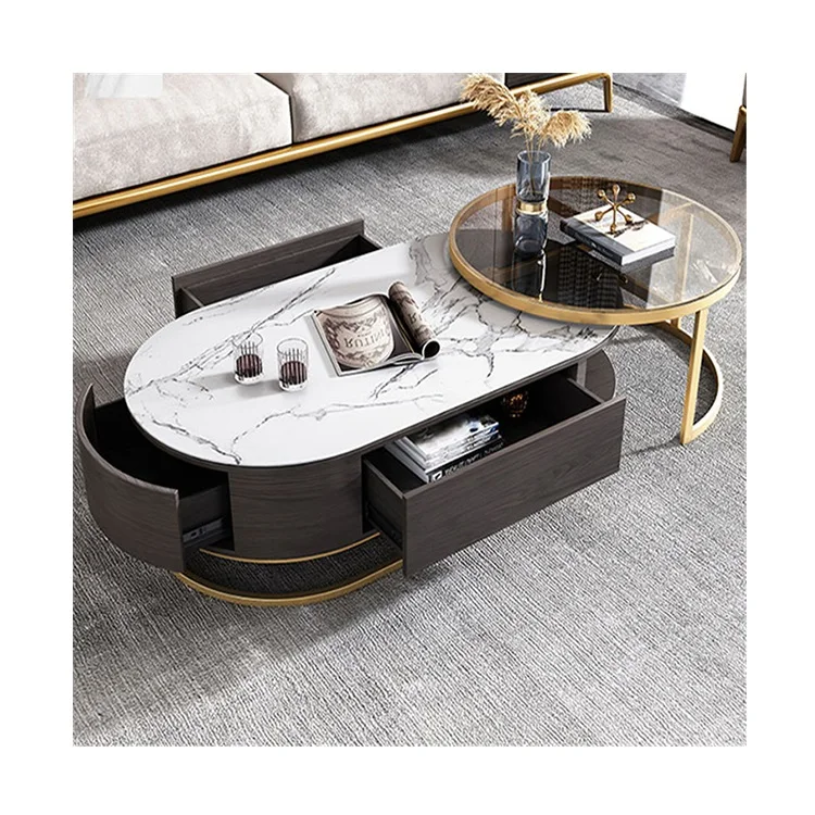 Oval Smart Adjustable Sintered Stone Furniture 3 Piece Unit Storage Luxury Modern Coffee Table Set with tv Stand and Cabinet