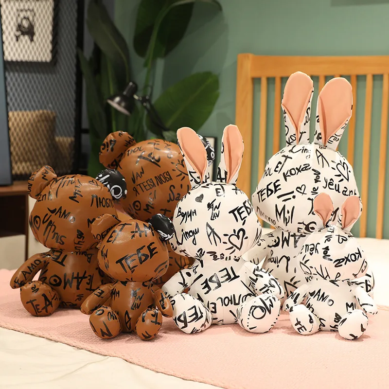 New trend leather plush graffiti printing custom brand logo tide brand custom plush toy teddy bear animal doll