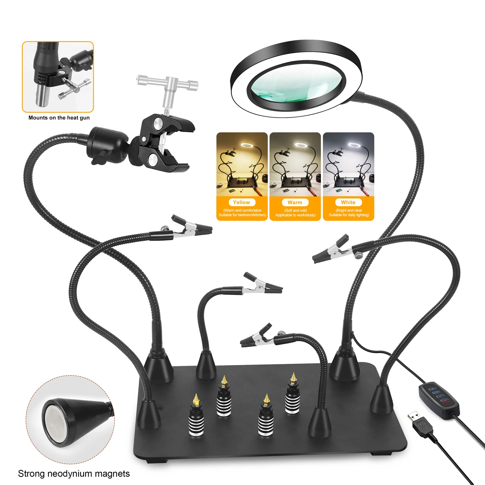 Adjustable PCB Holder 360 Heat Gun Holder Soldering Repair Workbench Station with 5X Illuminated Magnifying Glass Close Work