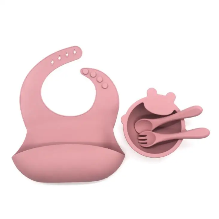 Baby Eating Waterproof Bib Set Combination Six-piece Baby Supplies Silicone Tableware Dinner Bowl Spoon Fork