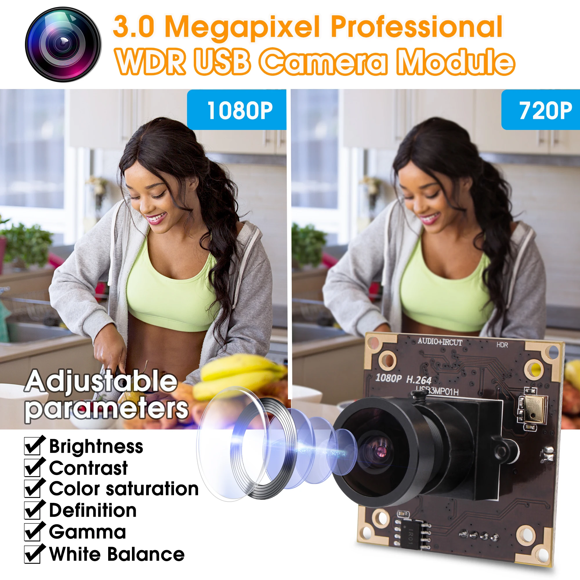 ELP Web Cam WDR H.264 HD 30fps 3mp Audio Camera PCB Mini Board Industrial Camera Module Wide Angle with 2.9mm lens