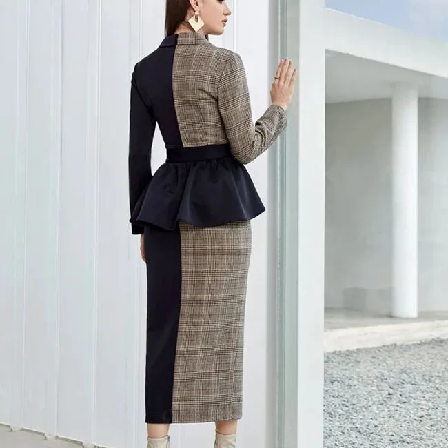 2022 Spring and autumn long sleeve lapel matching color plaid waist girdle work dress women