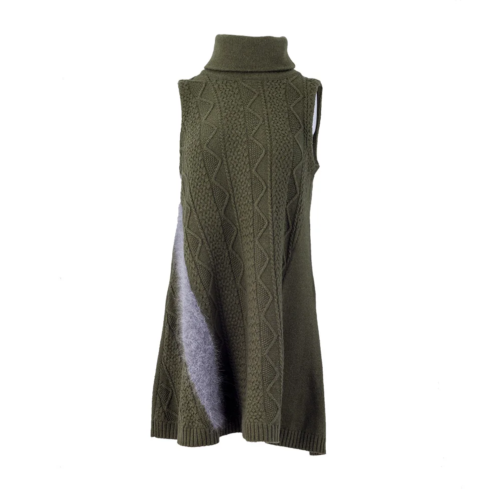 2021 fashion green color high neck yak wool kness-Length women dress sleeveless winter dress for women