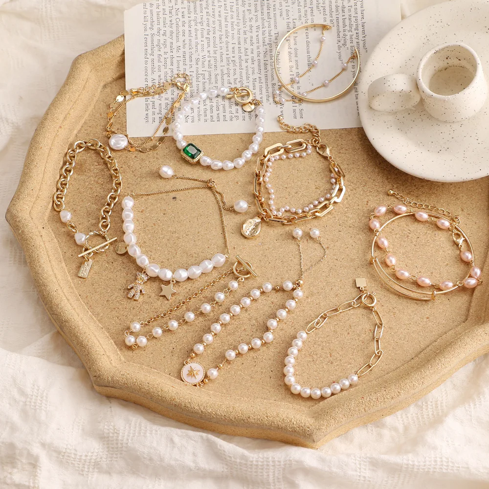 Gold Plated Vintage Retro Pearl Inlaid Diamond Multi-Layer Bracelet Set Trendy Punk Style Korean Simple Design Wedding or Gift