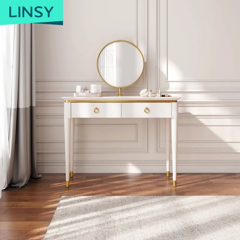 Linsy Modern White Metal Gold Marble Make up Vanity Table Set Dresser Cheap Mini Simple Vanity Dressing Table Ek1C