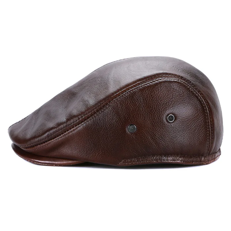New Design Men Winter Warm Hat Genuine Cow Nappa Leather Cricket Hat Caps