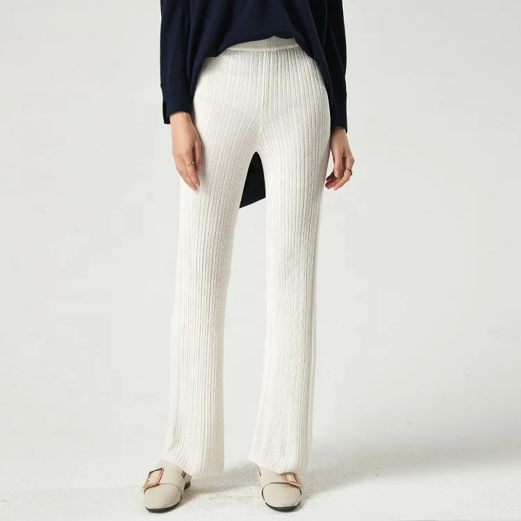 2021 Custom New Fashion Flare Wide White Ribbed Knit Pants long  100 % Pure Cashmere Warm Pants For Women