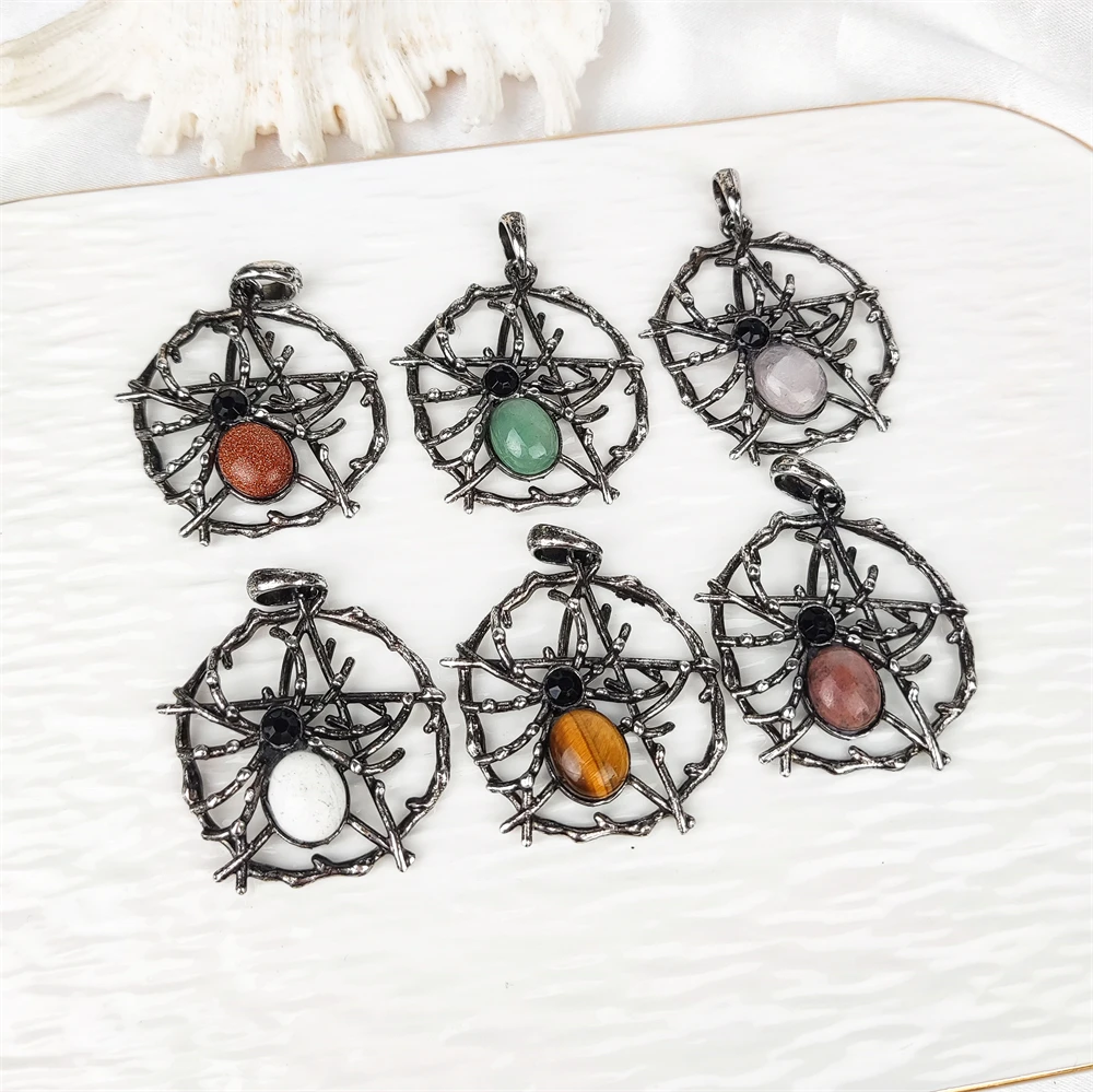 Vintage Jewelry Natural Gemstone Inlay Spider Charms Halloween Designs Blue Turquoise Opal Onyx Spider Web Pendant DIY Necklaces