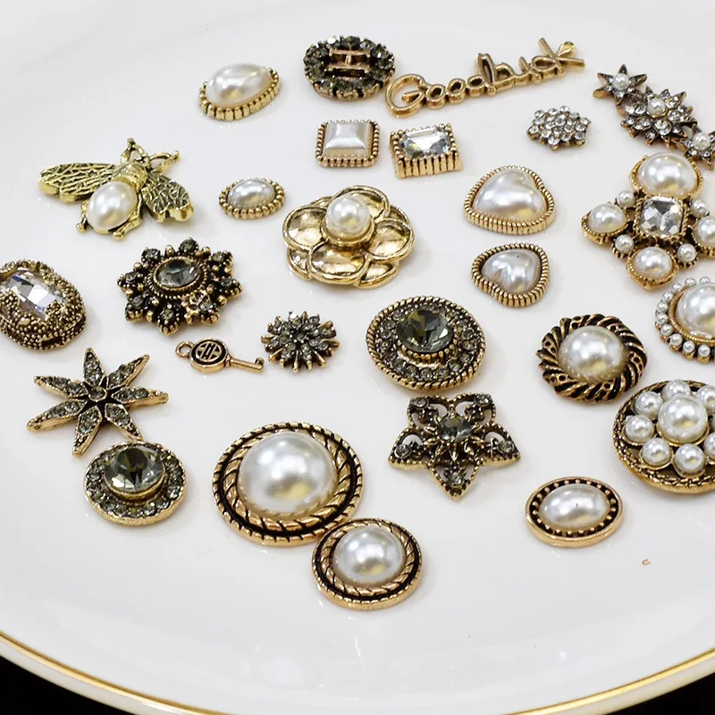 Antique gold Alloy accessories Bow diy Handmade materials small fresh diamond set pearl diamond button