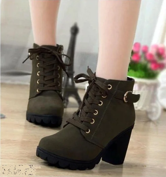 Winter spring short boot woman ankle boots Lace-up Ladies high heel feman shoes vintage female thick square heel boots