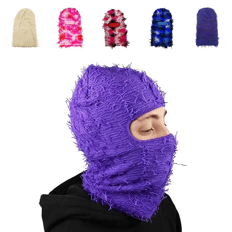 Customized tag logo Full Face Cover one hole pink camouflage balaclava designer winter knit hat grassy beanie ski mask