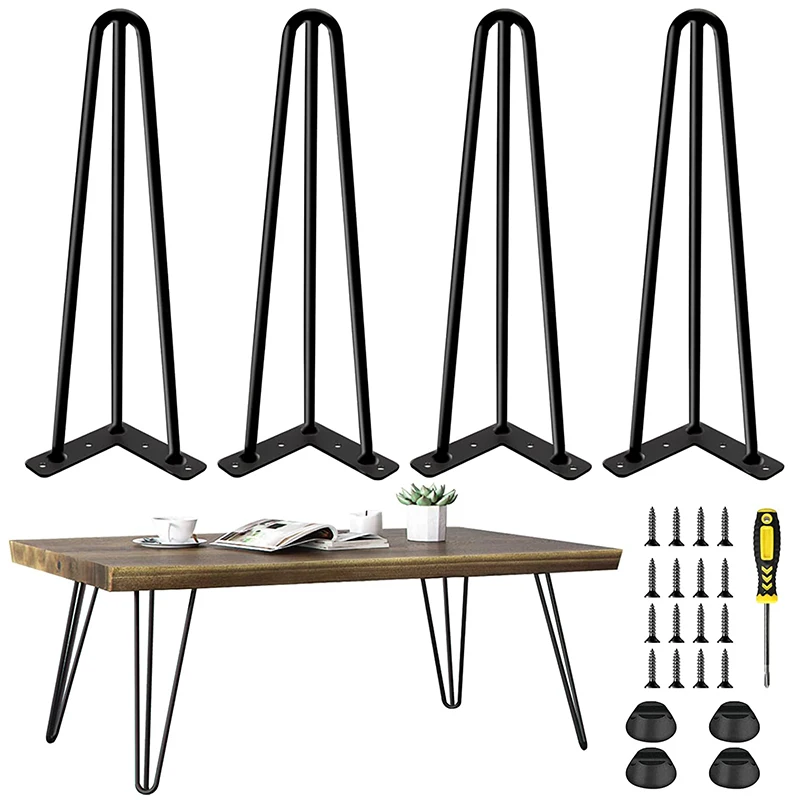 WELLTOP Metal Black Hairpin Legs Industrial Replacement Hairpin Legs 22 Inch 3 Rod Hairpin Legs With Rubber Floor Protector