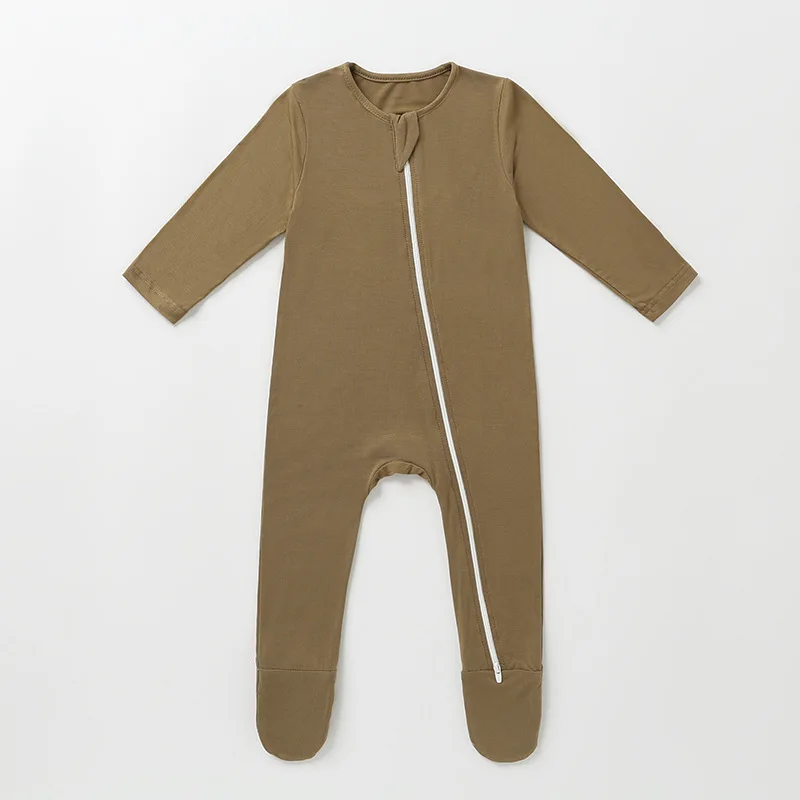 customization solid bamboo fiber breathable long sleeve Autumn zipper foot cover baby rompers