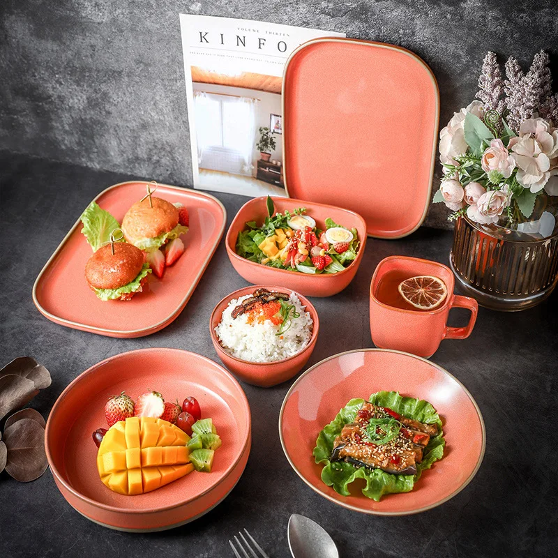 Restaurant Dinner Set Porcelain Crockery Handmade Pottery Platos Cup Stoneware Plate Bowl Durable Orange Color Ceramic Tableware