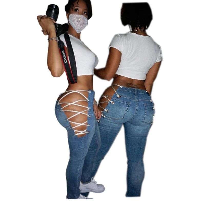 
Summer 2021 Fashion Women Denim Jeans Slim-fit Jeans Trousers With Contrast Straps On Both Sides Jeans 