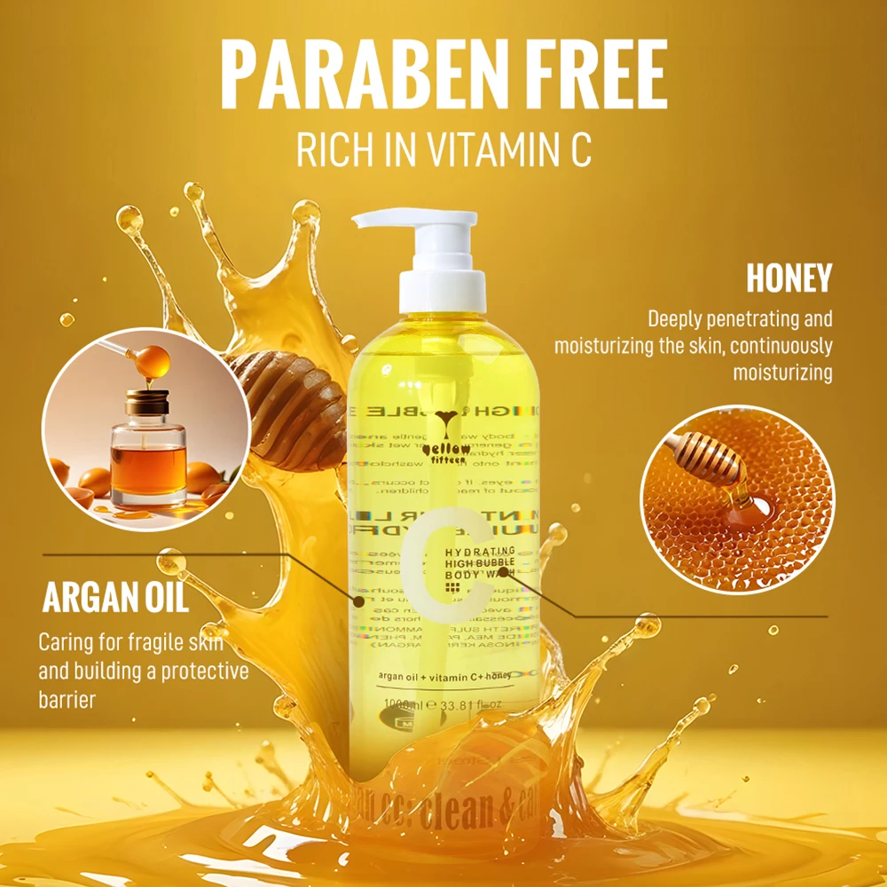Private Label EU Certificate High Quality Argan Oil Honey Moisture Vitamin C Whitening Anti Aging Bubble Rich Body Wash