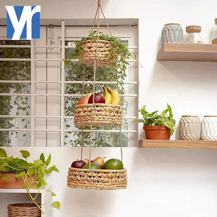 Best Selling Natural Materials Hand-woven Fruit Baskets Eco friendly Water Hyacinth 3 tier hanging  fruit Storage Basket