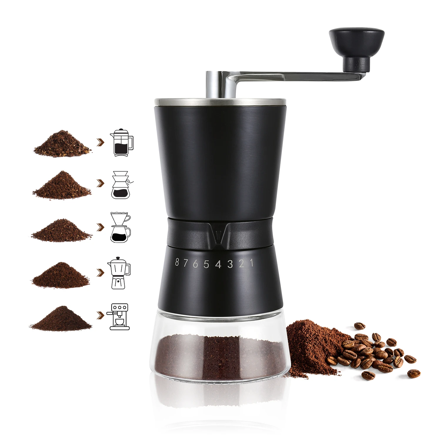 iF Award  Adjustable Manual Coffee Ceramic Burr Grinder with Glass Jar for Cafe Household and Travel Camping