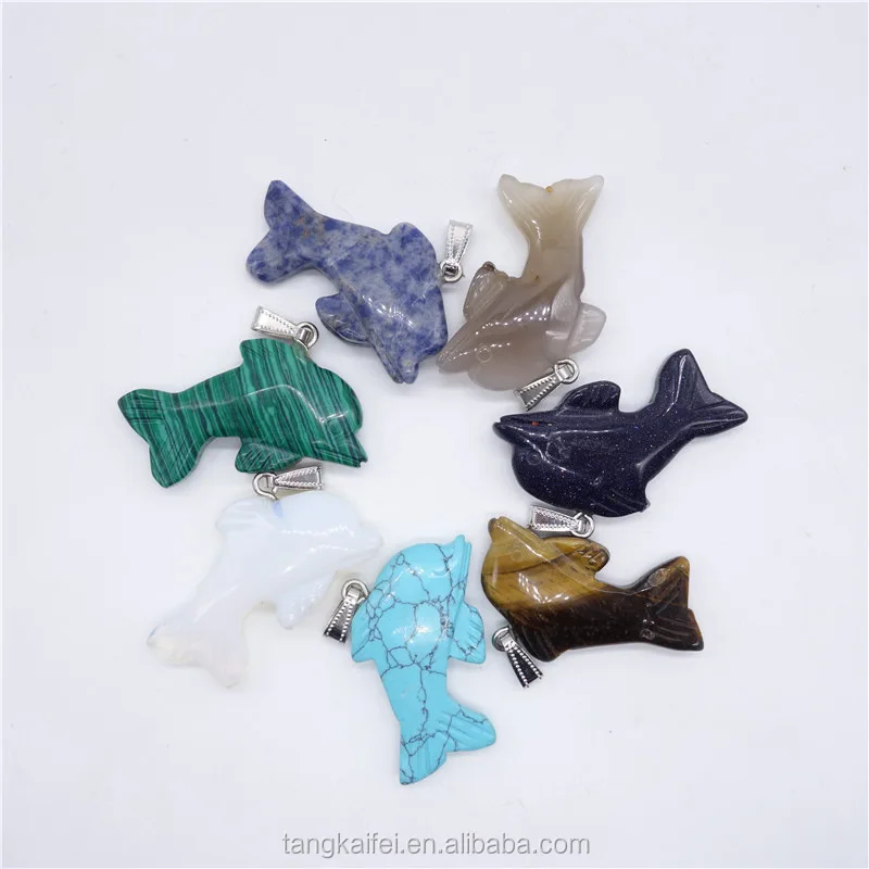 Natural Hand Carved Crystal Gem Animal Statue Cute Dolphin Necklace Pendant