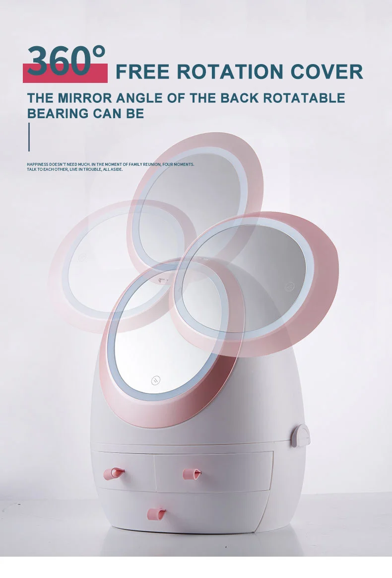 Table Dustproof Rotating Led Mirror Plastic Storage Box Case With Handle Travel Cosmetic Makeup Organizer Storage Box