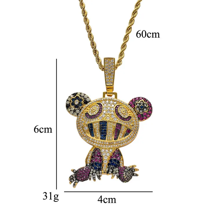
Hiphop Jewelry Rock Style Brass CZ Colorful Frog Pendants With Cubic Zirconia Rope Chain Animal bling Necklace Men And Women 