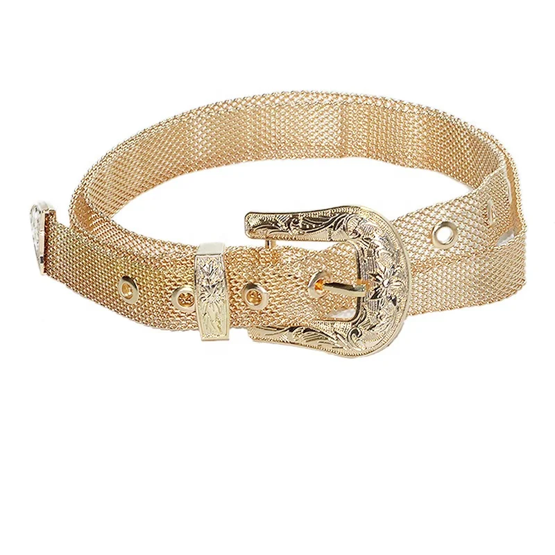 Factory Custom Western Buckle Fashion Retro Waist Chain Dress Grid Metal Belts for Women