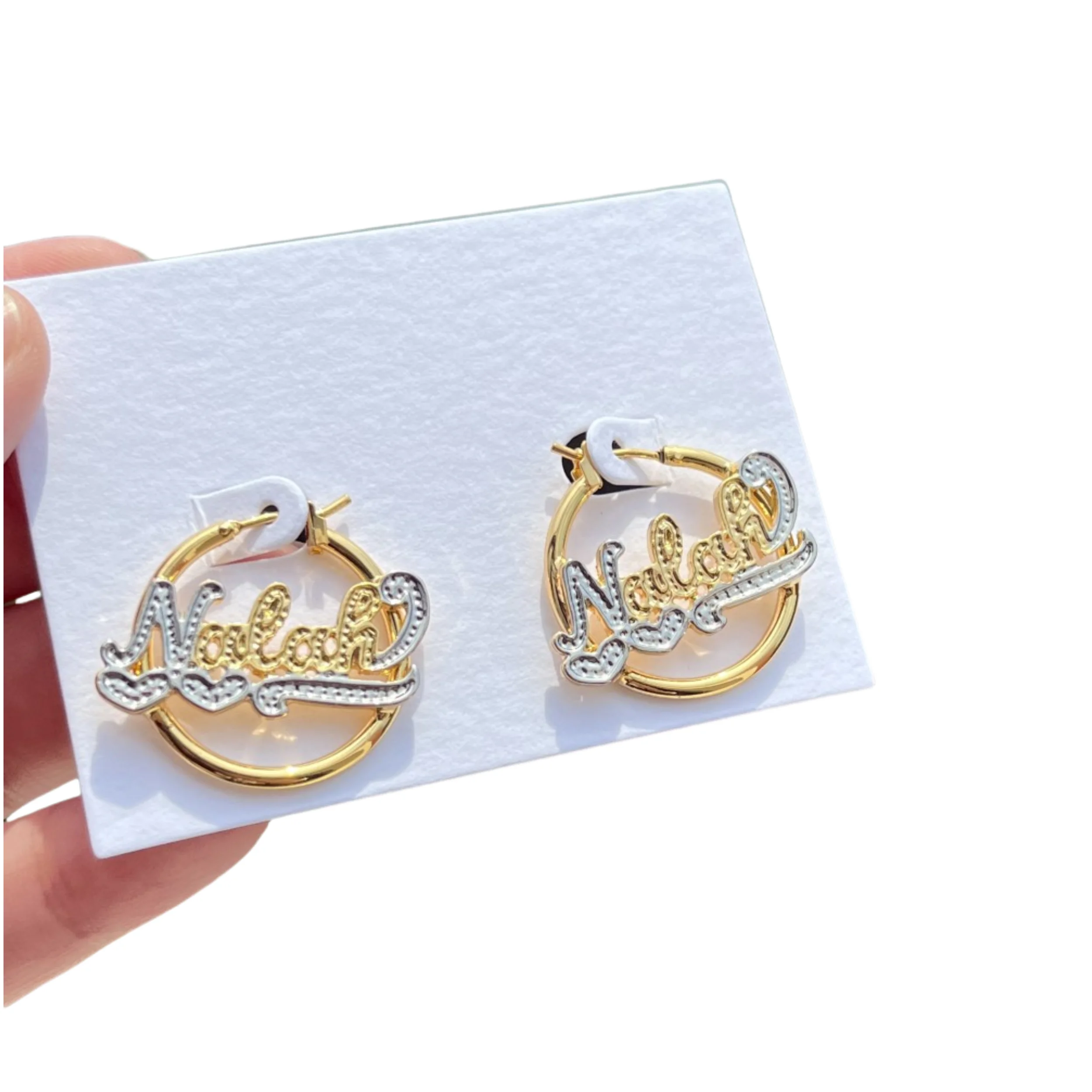 QIUHAN ODM Personalized 25mm Nameplate Earrings for Kids Letter Custom Tone Hoops