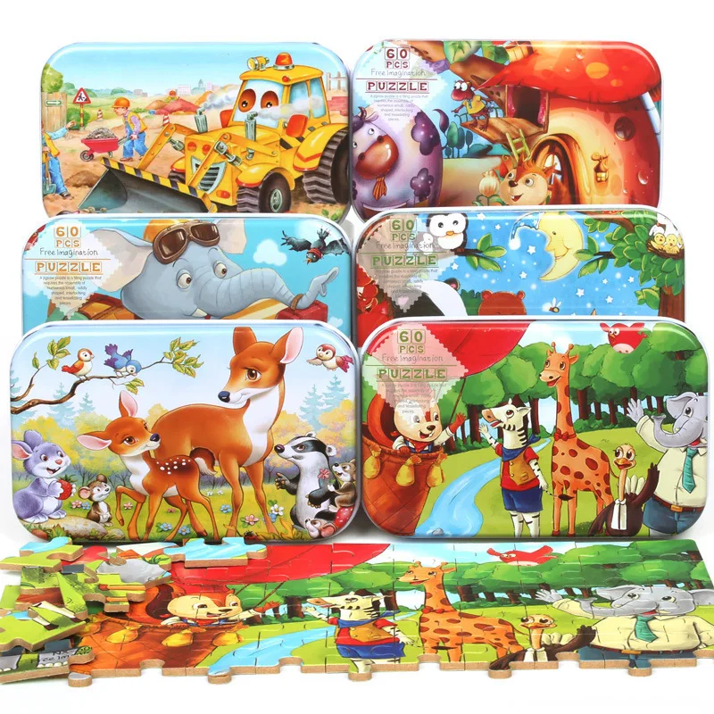 2024 Children Wooden 60piece Iron Box Cartoon Animal Jigsaw Puzzle Game Toy Preschool Early Education Toys For Kids Boys Girls
