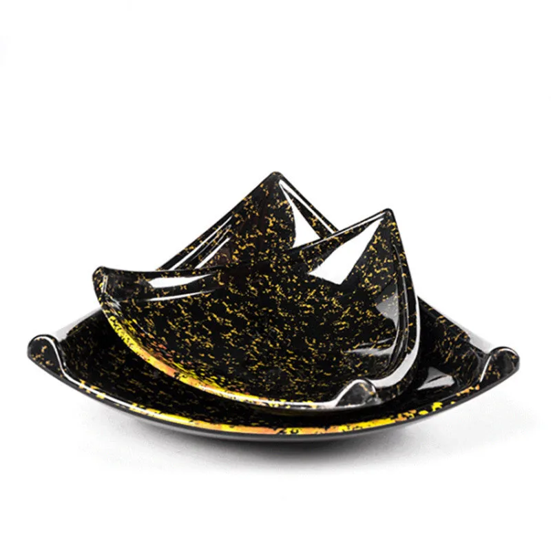 Wholesale Japanese Style Luxury Dinnerware Black Gold Irregular Melamine Plates Dishes Dinner Set